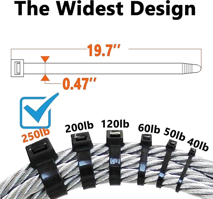 250lb White Zip Ties Heavy Duty 12 Inch Outdoor, Extra Large Cable Tie Wraps Long Plastic Wire Ties Wide Big Strong Thick Clear Zipties 50 Pack