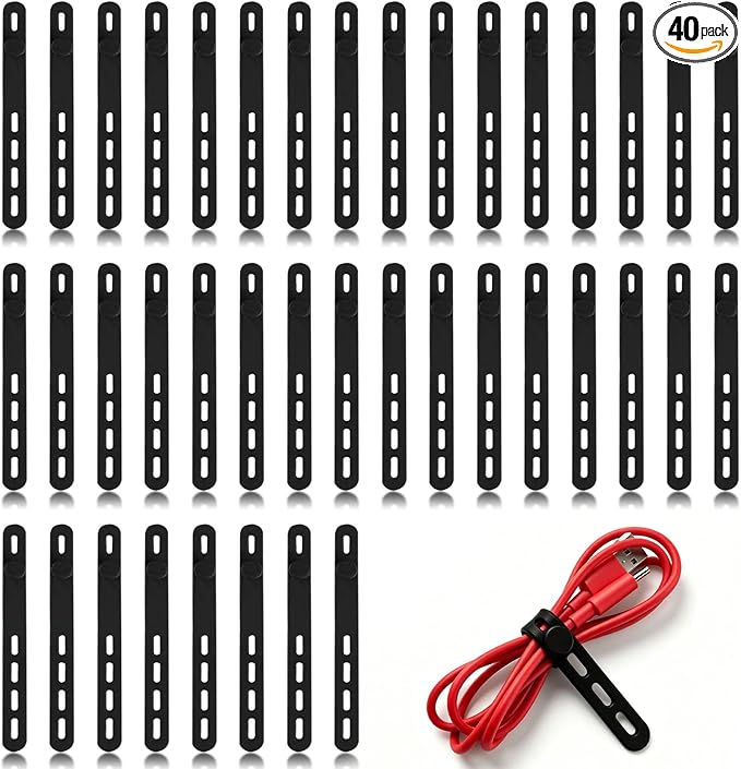 40 Pcs Black Silicone Cable Ties, Reusable Cable Straps Wire Organizer, Cable Management Cord Organizer for Fastening Earphone Phone Charger Home Office Desk Kitchen Appliances Cable Cords Wires