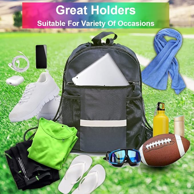 Drawstring Backpack Sports Gym Bag with Shoe Compartment, X-Large String Bag for Women Men with Zipper Pockets and Mesh Pockets (Black)