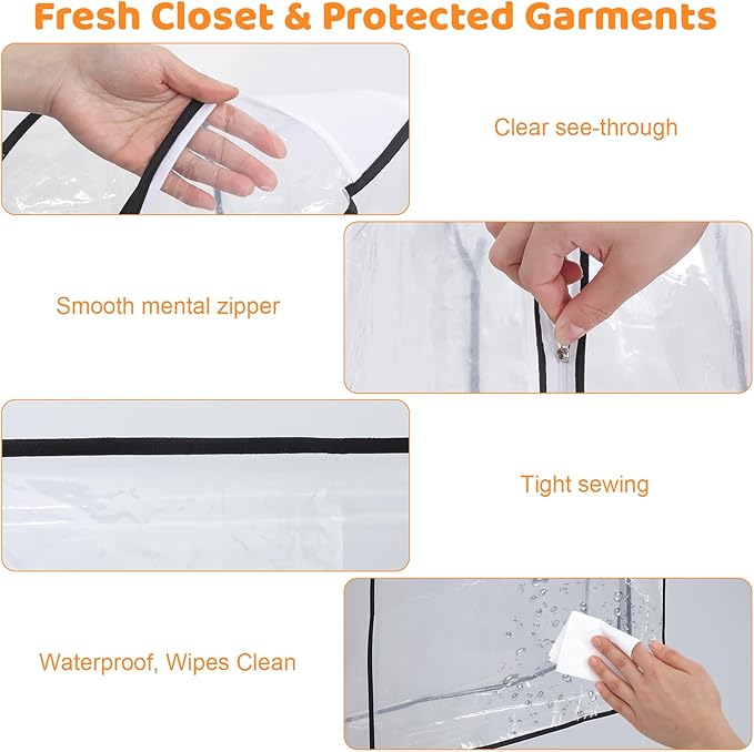 2 Pack Full Clear Garment Bags with Side Zipper, 40" Clothes Covers with 10" Gusset, Transparent Hanging Suit & Coat Covers for Closet Storage, Dresses, Windbreakers, Jackets