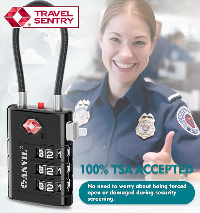 ANVIL TSA Approved Luggage Locks – High Security TSA008 Combination Travel Locks with Inspection Indicator for Suitcases and Backpacks. (4, Black)