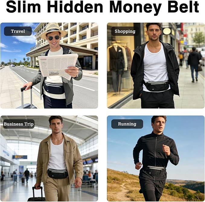 FuninCrea Waterproof Hidden Money Belt for Travel, Anti-Theft Belt Bag with RFID Blocking Function Adjustable Slim Waist Bag with 2 Zipper Pockets & 1 Back Pocket for Travel Running (B, Black & Grey)