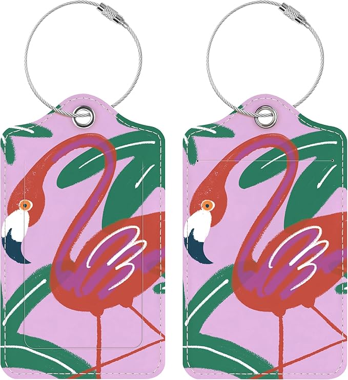 Luggage Tags for Suitcases, 2 Pack Cute PU Leather Luggage Tag TSA Approved with Stainless Steel Loop and Address Card Baggage Tag for Travel&Cruise Ships&Shipping Flamingos, by Chelmon