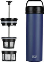 ESPRO Go P0 Ultralight French Press Coffee Maker for Travel, Vacuum Insulated Stainless Steel, 16 Ounces, Aegean Blue