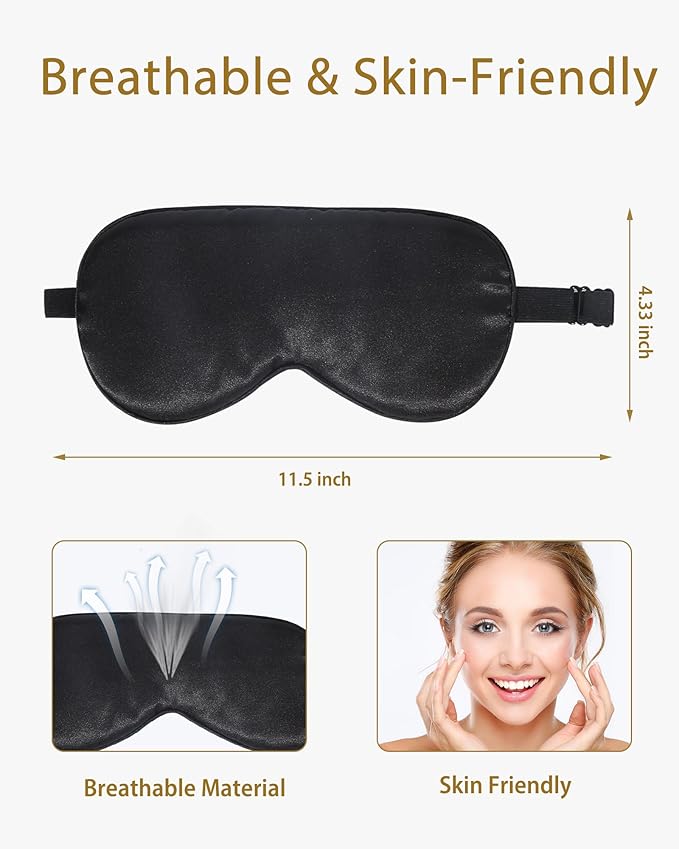 4 Pack Silky Sleep Masks for Women Men, JroyJoy 100% Blackout and Super Soft for Sleeping with Adjustable Strap, Satin Eye Mask for Side Sleeper, Travel Eye Covers (004 Black*4pcs)
