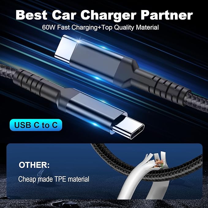 iPhone 17 Car Charger USB C Fast Charge Cable, 78W 4 Port Metal Car Phone Charger Adapter with Voltmeter PD 30W & QC3.0 Cigarette Lighter USB Adapter for iPhone 17/16/15, Galaxy, iPad, Android