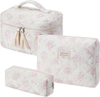 uekeboag Large Travel Quilted Makeup Bag for Women, Floral Cotton Cosmetic Bag, Coquette Aesthetic Floral Toiletry Organizer Bag