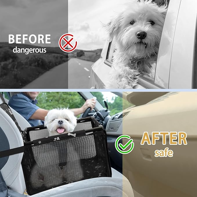 Dog Car Seat Foldable Dog Car Booster Seat Waterproof Breathable Oxford Travel Bag for Small to Medium Dogs, Puppies, and Pets-Pattern Black-Upgrade