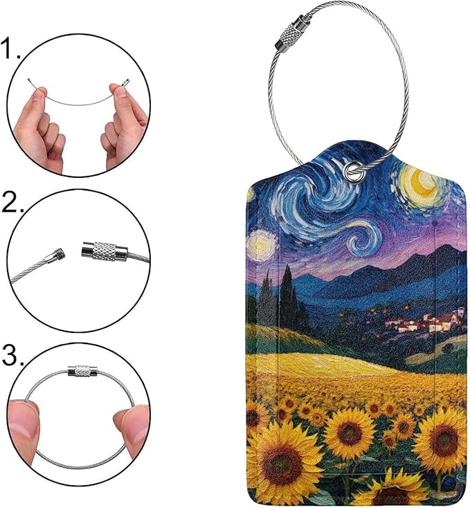 2 Pack Luggage Tags for Suitcases, PU Leather Bag Tag with Privacy Cover Address Card Travel Essentials-Starry Sky Sunflower