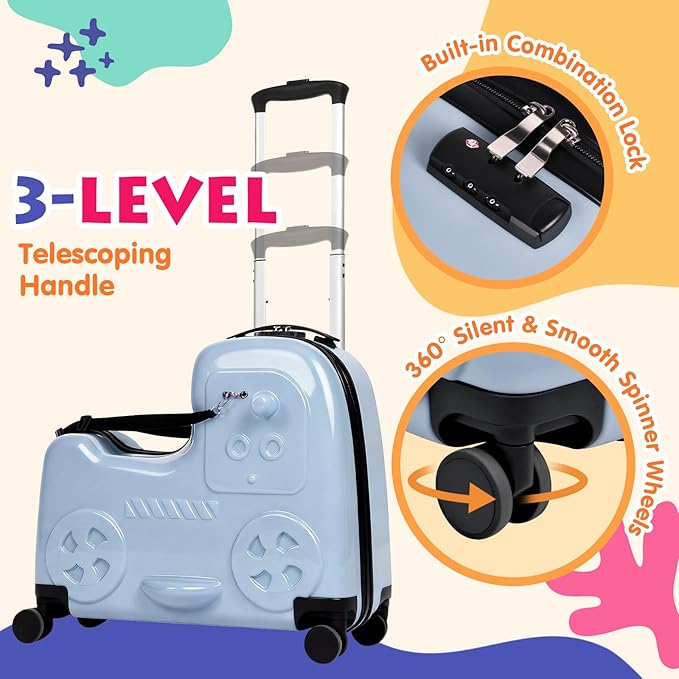 smilesun 22" Kids Ride-On Suitcase with Safety Strap, Multifunctional Kids' Luggage with Double Spinner Wheels, Durable and Lightweight for Boys and Girls Ages 2-10 (Blue, 22-inch)