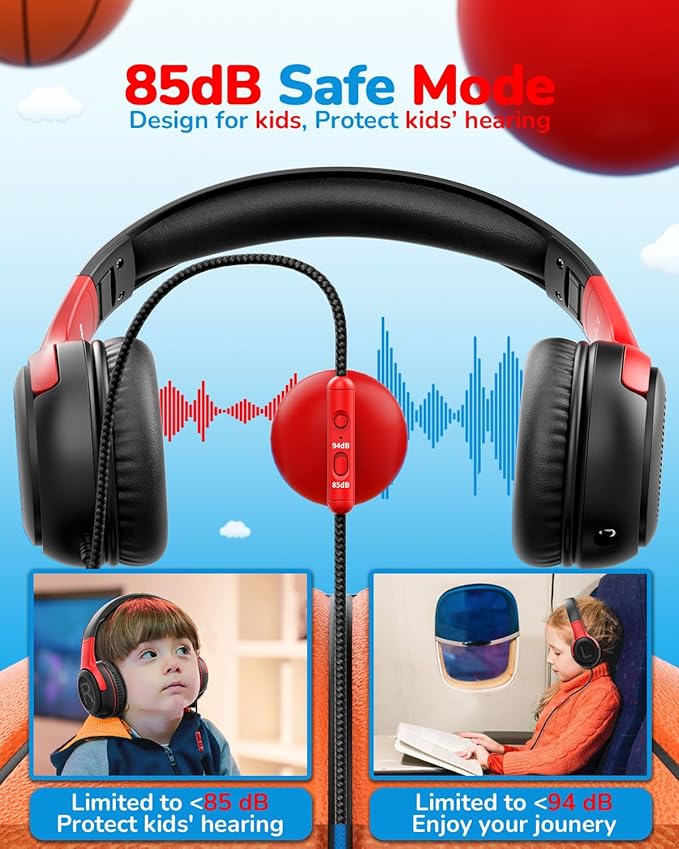 awatrue Kids Headphones for School Travel, 85/94dB Safe Volume Limit, 3.5mm Jack, HD Mic, Portable Wired Headphone with Shareport, Stereo Sound On-Ear Headphones for Toddler Kids Girls Boys BlackRed