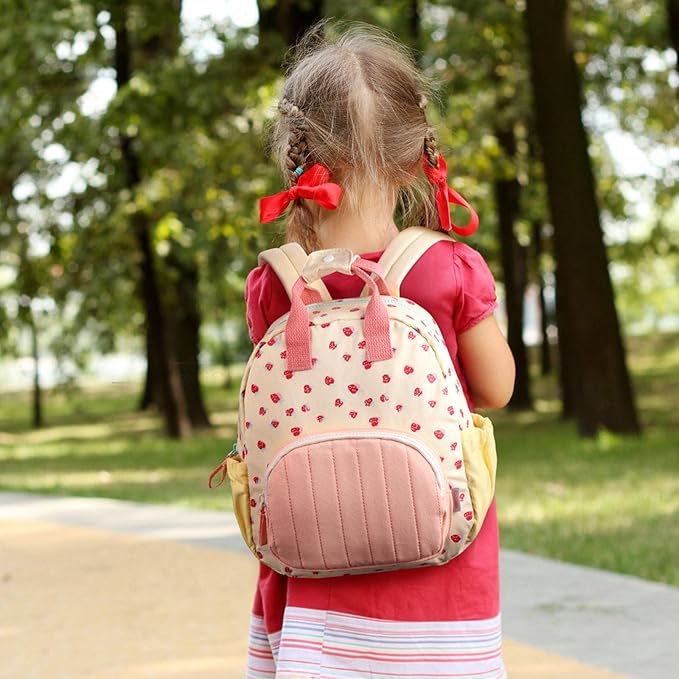 GAGAKU Toddler Backpack for Girls 2-4 Strawberry Cute Preschool Kindergarten Backpack with Name Tag Soft Cotton Small Bookbag for Daycare Lightweight Adjustable Straps with Chest Buckle