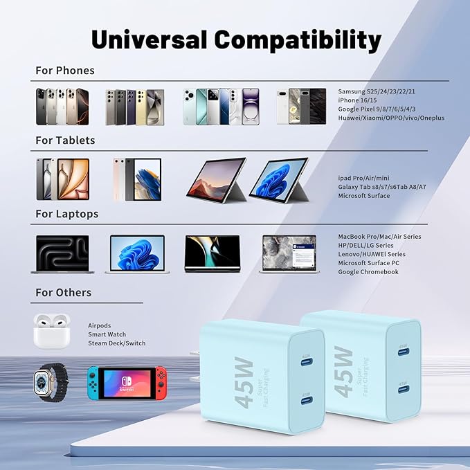 QZIIW iPhone 16 15 Pro Max Charger Fast Charging,45W Dual Port USB C Fast Charger Block [2-Pack] & Extra Long 60W 3/6/10/10FT USB C Cable - PD Quick Adapter 3.0 for iPhone 16 15/16 15Pro/16 15 Plus.