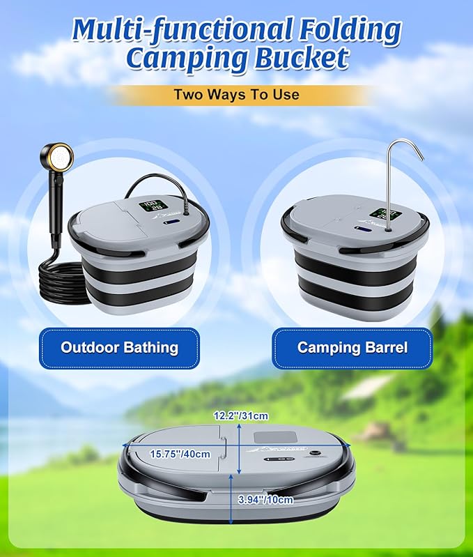 WADEO Portable Shower for Camping with 20L Bucket, 13000mAh Rechargeable Camping Shower with Intelligent LED Display & °F/°C Switch, 5 Speeds Modes, IPX8 Waterproof Portable Shower for Hiking, Travel