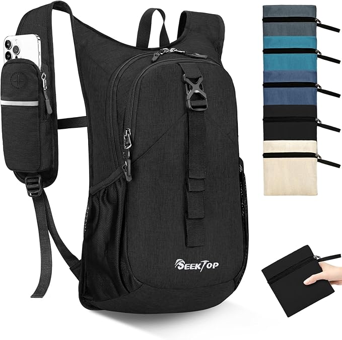 Seektop 15L Small Hiking Backpack for Women Men, Lightweight Hiking Packable Daypack with Phone Pocket for Travel Camping (Black, 15L)
