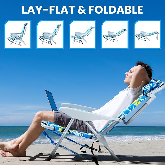 2 Pack Lightweight Portable Camping Beach Chair for Adult, Outdoor Lay Flat Folding Beach Chairs with 5 Positions, Backpack Beach Chair with Towel Bar, Zipper Pouch, Cup Holder, Hawaiian Style