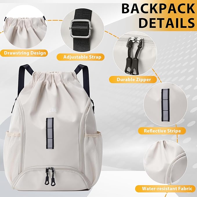 Drawstring Gym Backpack, Sports Bag with Adjustable Shoulder Straps, Cinch Sack for Fitness, Swimming, Travel (Beige)