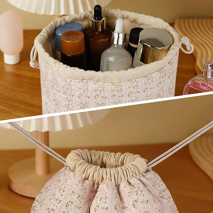 Gosect Large Makeup Bag, Cute Drawstring Cosmetic Bag with Canvas Lining, Floral Coquette Aesthetic Toiletry Bag, Travel Make Up Organizer Bag for Women and Girl (Bear