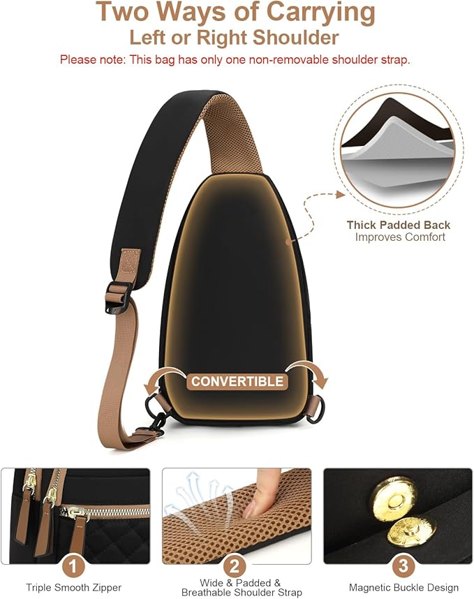 Capolo Sling Bag for Women Men Waterproof Crossbody Bags for Women Trendy Casual Fanny Pack with Convertible Shoulder Strap Chest Bag for Travel Hiking(Black, Medium)