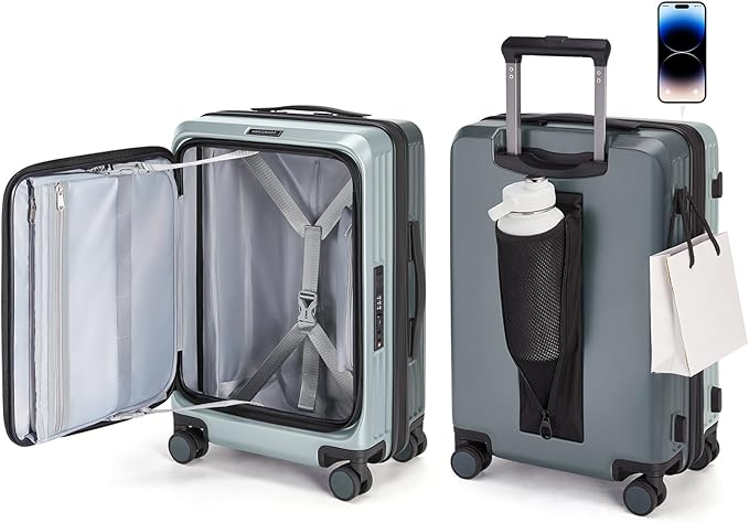 BAGSMART Top Opening Carry On Luggage 22x14x9 Airline Approved with TSA Lock, Expandable 20 Inch Deep Compartment Hard Shell Suitcases with Double Spinner Wheels, Green