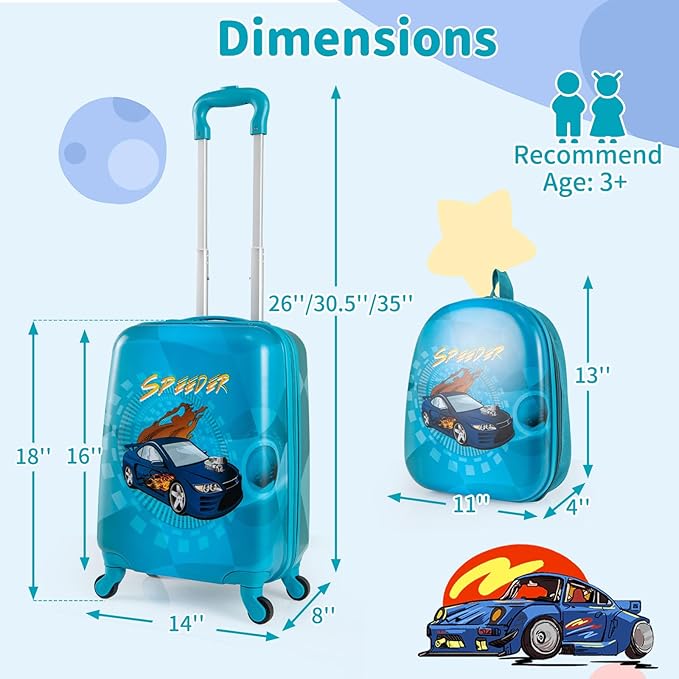 Goplus 2 PCS Kids Luggage, 13" & 16" Carry-on Suitcase w/Spinner Wheels, Telescopic Handle, Hard Shell Rolling Trolley Luggage for Toddler Boys Girls Travel, Airline Approved (Blue, Racing Car)