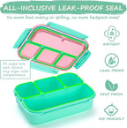 QQKO Bento Box for Kids Adults, School Toddler Lunch Box for Boys Girls, Lunch Box Containers with 4 Compartments, Sauce Container, Utensils, Food Picks and Muffin Cups for School, Pink Green