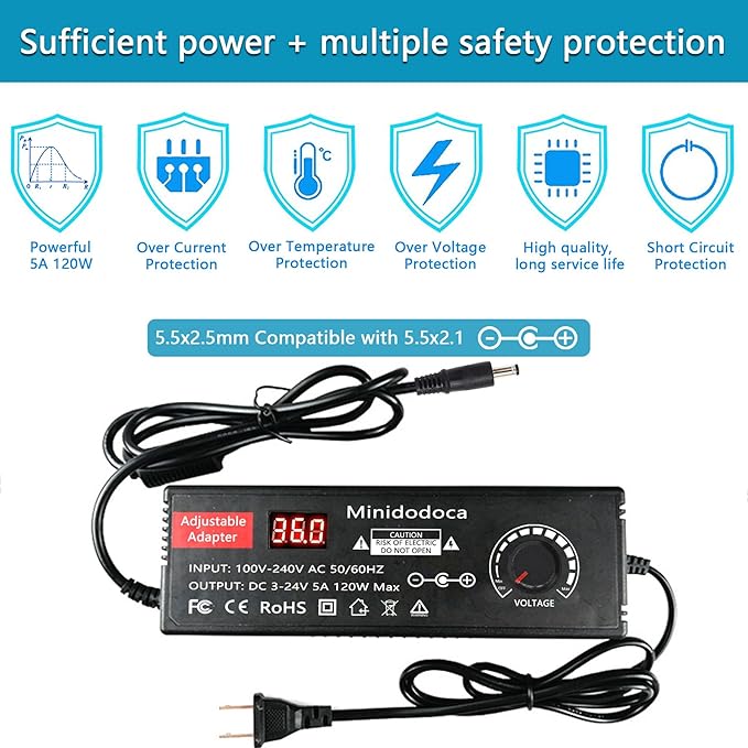 120W Power Supply Adjustable DC 3V ~ 24V Variable Universal Switching AC/DC Adapter Minidodoca AC to DC Converter with LED Voltage Display and 16 Tips, for 3V to 24V Household Electronics - 5000mA Max