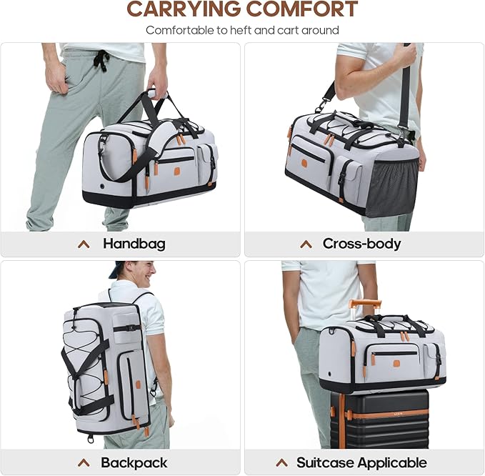 Gym Bag for Men and Women with Shoe & Laptop Compartment, 3-in-1 Sports Travel Duffel Bag Anti-Theft Weekender Carry-on Backpack for Airplane & Workout, Overnight Travel Bag, 35L, Light Grey, Medium