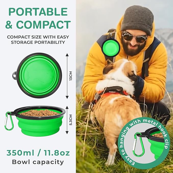 Collapsible Dog Bowls for Travel, Portable Dog Water Bowl & Food Bowl for Dogs and Cats, Foldable Pet Feeding Dish for Walking Hiking Camping with Carabiner, BPA Free (Green)