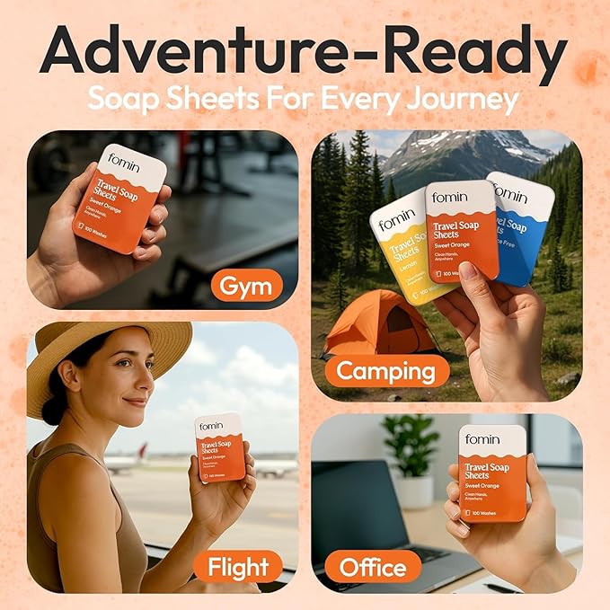 FOMIN - Antibacterial Paper Soap Sheets for Traveling - 300 Orange Portable Hand Soap Sheets for Travel in Tin - Dissolvable Mini Portable Travel Soap Sheet for Hand Washing, Camping and Hiking