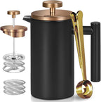 Black Stainless Steel French Press Coffee Maker, Double Wall Insulated French Press,for Coffee&Tea,with 3 Extra Screens and a Coffee Spoon,34oz/1000ml,Gold