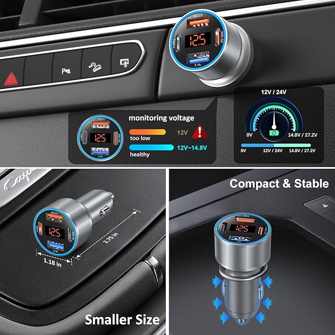4-Port 65W Fast Car Charger USB C for iPhone 17/16/15/14/13 Pro Max, 3 Pack Dual 12V USB-A&C Car Phone Charger Cigarette Lighter Adapter for Galaxy A16/S25/S24/S23 Ultra+6FT USB-C Cable