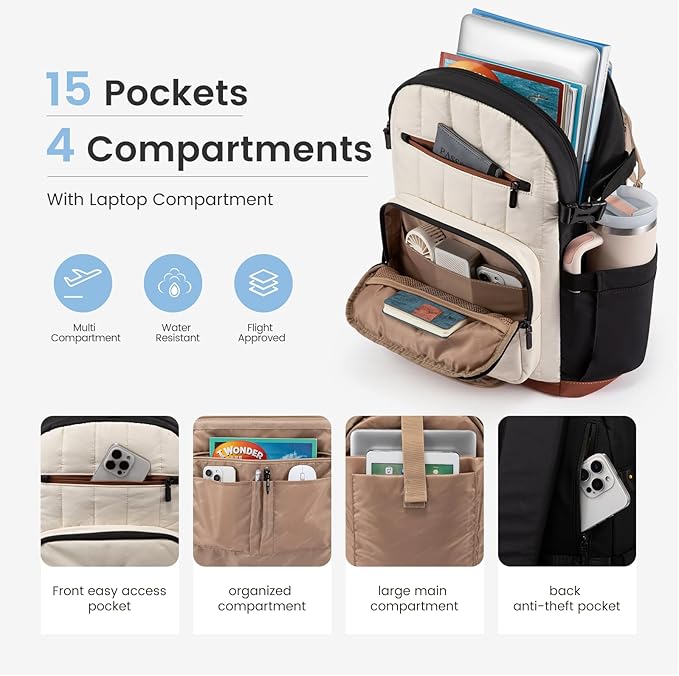 LOVEVOOK Laptop Backpack for Women with Giant Tumbler Holder Pocket,17 Inch Puffer Travel College Work Backpack Purse for Teacher Nurse,Waterproof Laptop Bag Computer Back Pack Daypack,White-Khaki