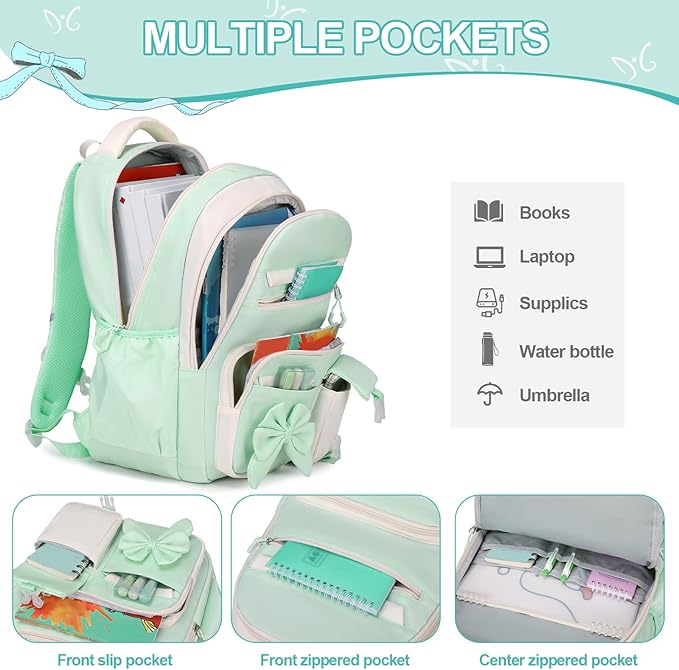 DIGOBAY Backpack for Girls, 3PCS Girls Backpack for School with Lunch Bag Pencil Case, Cute Kids Teens Bookbag for Kindergarten Elementary Preschool Middle School (Green)