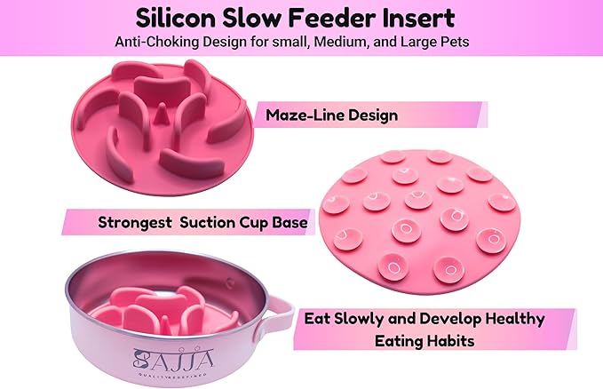 Pink Slow Feeder 3-in-1 Travel Dog Bowl Set – 30 OZ Stainless Steel + 20 OZ Collapsible BPA-Free Silicone Bowl Lid | Silicon Slow Feeder Insert | Non-Slip, Anti-Choking|, Carabiner | We give Back