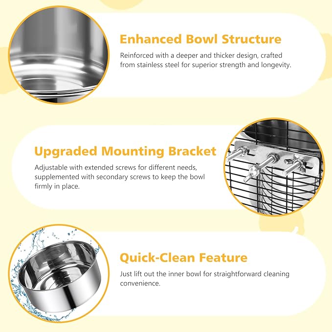 Large Dog Crate Water Bowl No Spill, 2 Pack Stainless Steel Dog Bowls for Food and Water, Pet Kennel Hanging Dogs Food Bowls for Medium/Large Dogs and Cats (7.1"x3.7" & 6.3"*2.6", Silver)
