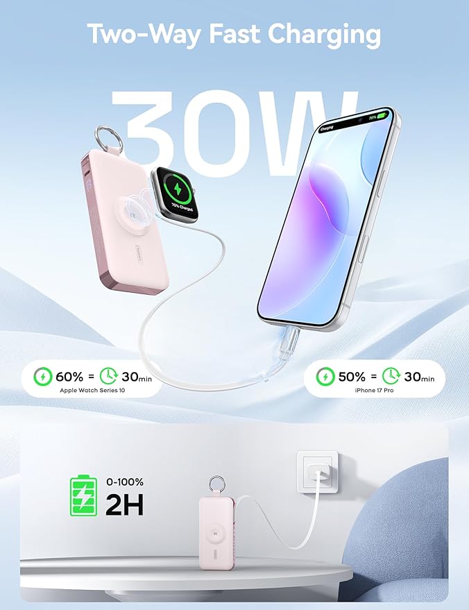 RORRY Portable Charger, 12000mAh 30W Fast Charging Power Bank with Built-in Retractable USB C Cable, Battery Pack with Keychain, Travel Essentials for iPhone, Apple Watch, iPad, Pink