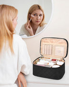 Relavel Travel Makeup Bag, Large Cosmetic Bag with Separate Makeup Brush Compartment, Cute Make Up Pouch for Women, Double Layer Toiletry Organizer Bag for Travel - Black