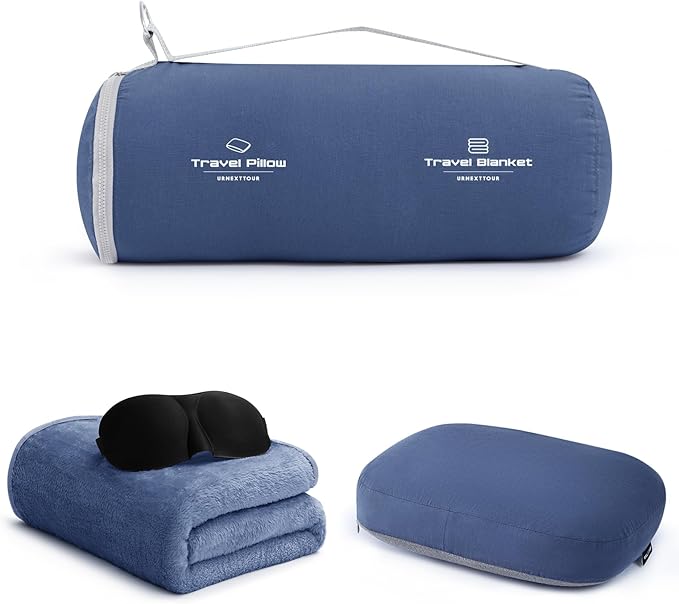 urnexttour 4-in-1 Travel Pillow & Blanket Set with Eye Mask, Memory Foam Neck Support, 50x65 Inch Blanket, Storage Bag for Airplane, Car, Train, Home Travel Blue