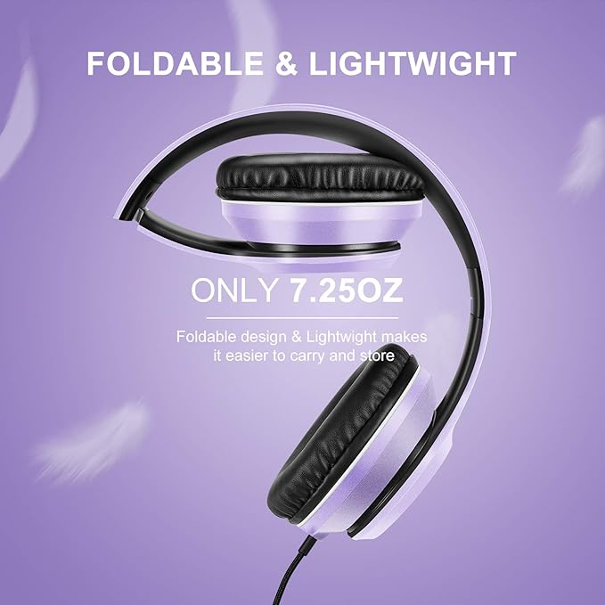 LORELEI X8 Over-Ear Wired Headphones with Microphone with 1.45m-Tangle-Free Nylon Line&3.5mm Plug,Lightweight Foldable & Portable Headphones for Smartphone,Tablet,Computer,Mp3/4(Dark Purple)