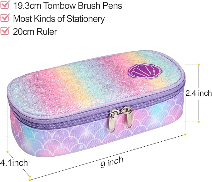 Bagseri 2pcs Clear Backpack for Girls - 15 Inch School Bag with Matching Pencil Case, Heavy Duty Transparent Bookbag for Kindergarten to Grade 2, Fits Folders, Purple Mermaid