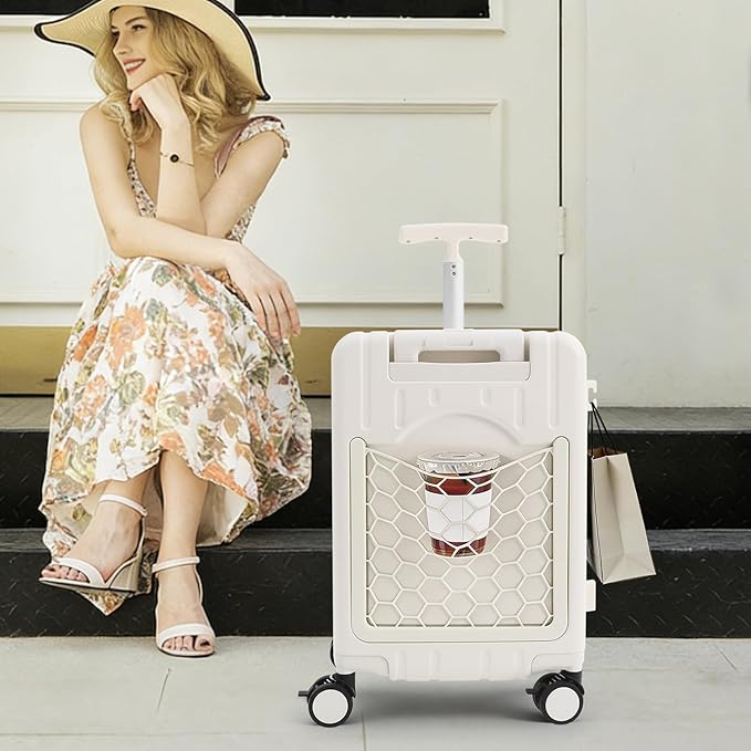 CNCEST 20" Adjustable Double Handle Ride-on Luggage,Travel Carry On Trolley Case with Mesh Pocket for Kids,Children's Ride On Suitcase with Wheels & TSA Lock (StyleB, White)