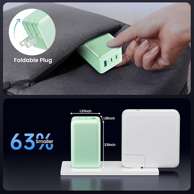 128W USB C Wall Charger,GaN III 3-Port Fast Charging Station,PD QC Foldable Charger Block Portable 65W Laptop Adapter for MacBook Pro/Air,iPad Pro,Galaxy S23,Dell XPS 13,iPhone 17/16/Pro etc