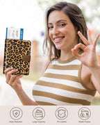Slohif Passport Wallet Holder Cover for Travel - Women Men RFID Blocking Passport Book Case Protector, Brown Leopard Cheetah Leather Personalized Organizer Slim Carrier Boarding Pass Cards Slots