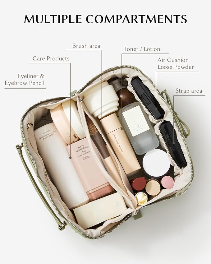 EACHY Travel Makeup Bag, Large Capacity Cosmetic Bag for Women, Waterproof PU Leather, Flat Open Portable Toiletry Bag for Skincare, Brushes & Travel Essentials