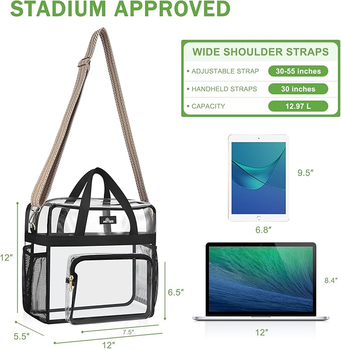 MAY TREE Clear Bag for Stadium Events, 12x6x16 Clear Tote Bag with Removable Strap, Transparent Bag for Concert Sports Gym, White Guita-Strap