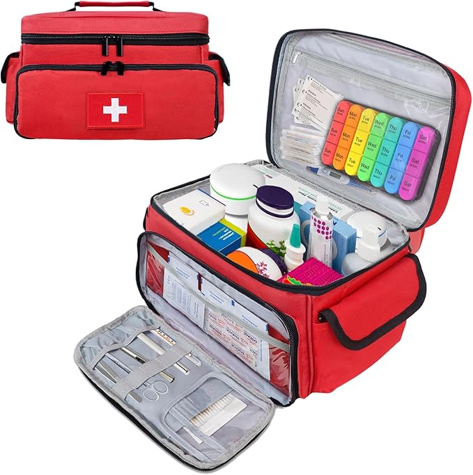 ALSLEA First Aid Bag Empty First Aid Kit Storage Box 12" x 9" x 7" Medical Bag Portable Pill Bottle Organizer Case for Car, Travel, Office, Outdoor, Camping, Hiking, School (Red)