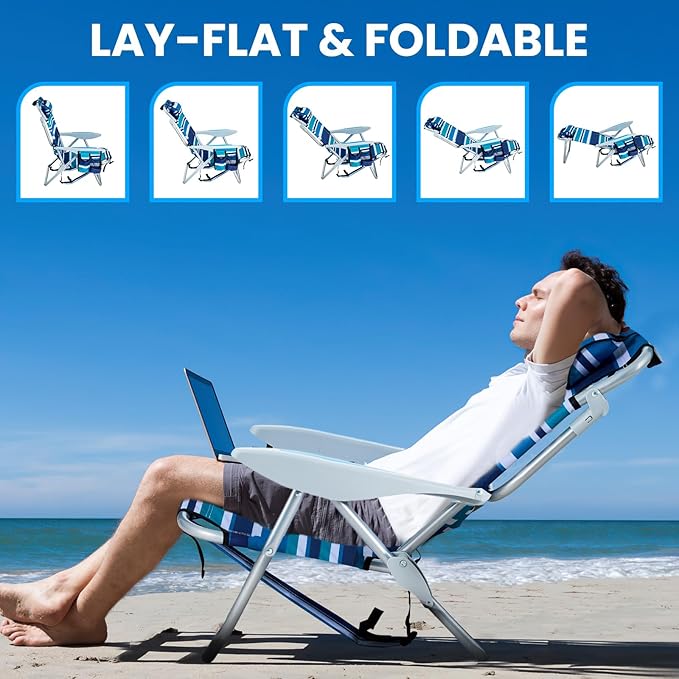 2 Pack Lightweight Portable Camping Beach Chair for Adults, Outdoor Lay Flat Folding Beach Chairs with 5 Positions, Backpack Beach Chair with Towel Bar, Zipper Pouch, Cup Holder, Blue Green