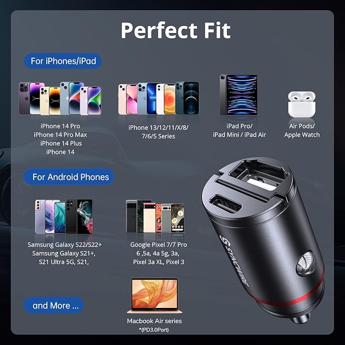 USB C Car Charger Syncwire 60W [PD 30W & QC 30W] USB Car Charger Adapter Fast Charging [Super Mini & All Metal] for iPhone, Samsung, Google Pixel, XiaoMi, Huawei, LG, iPad Road Trip Essentials