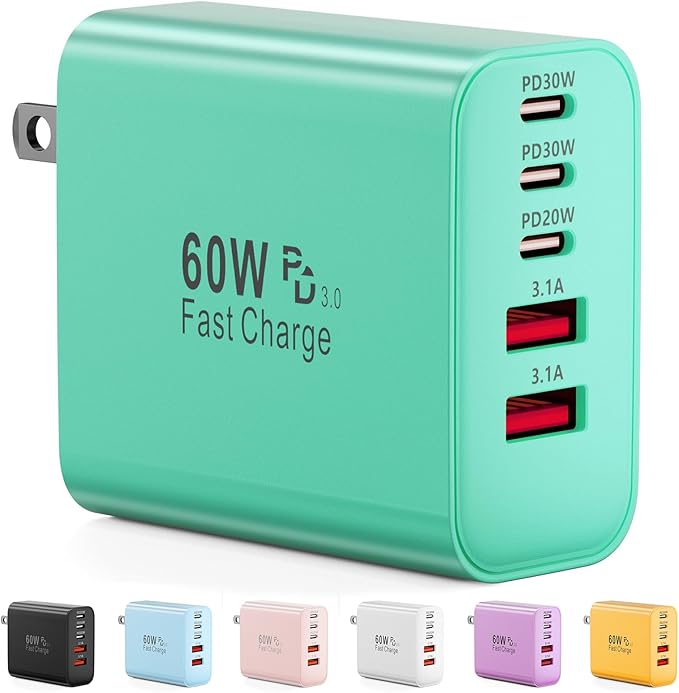USB C Charger Block, 60W 5-Port Type C Charger Fast Charging Block, USBC USB Multiple Port Wall Charger Plug Adapter for iPhone 17/Air/16/15/14/13/12/11 Pro Max, Samsung Galaxy, iPad, Tablet (Green)